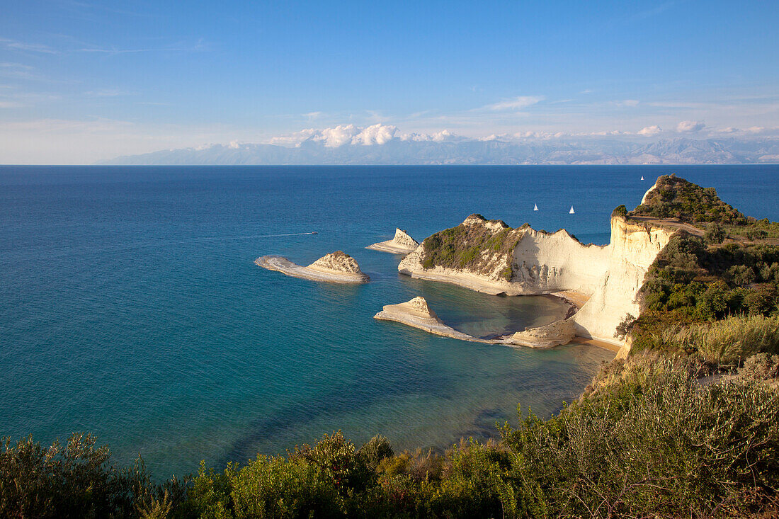 Sailing boats at Cape Drastis, near Peroulades, Sidari, Corfu island, Ionian islands, Greece