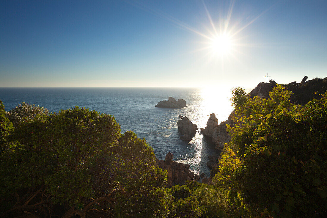 View from Panagia Theotokou monastery over the rocky cliffs of Paleokastritsa Bay, Corfu island, Ionian islands, Greece