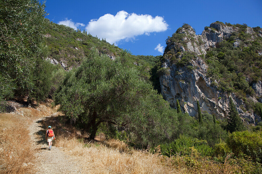 Frau wandert auf dem Bergpfad von Paleokastritsa nach Lakones, Insel Korfu, Ionische Inseln, Griechenland