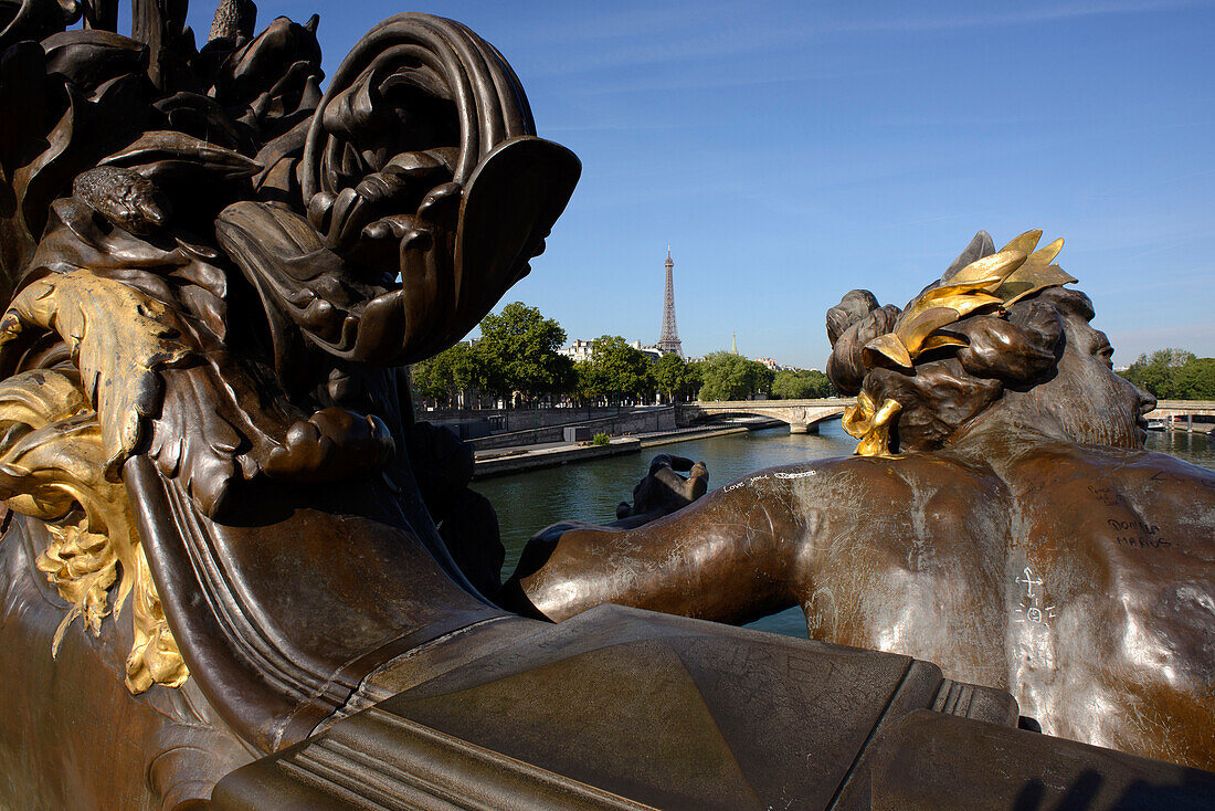 Pont Alexandre, Eiffel tower in the background, Paris, France, Europe