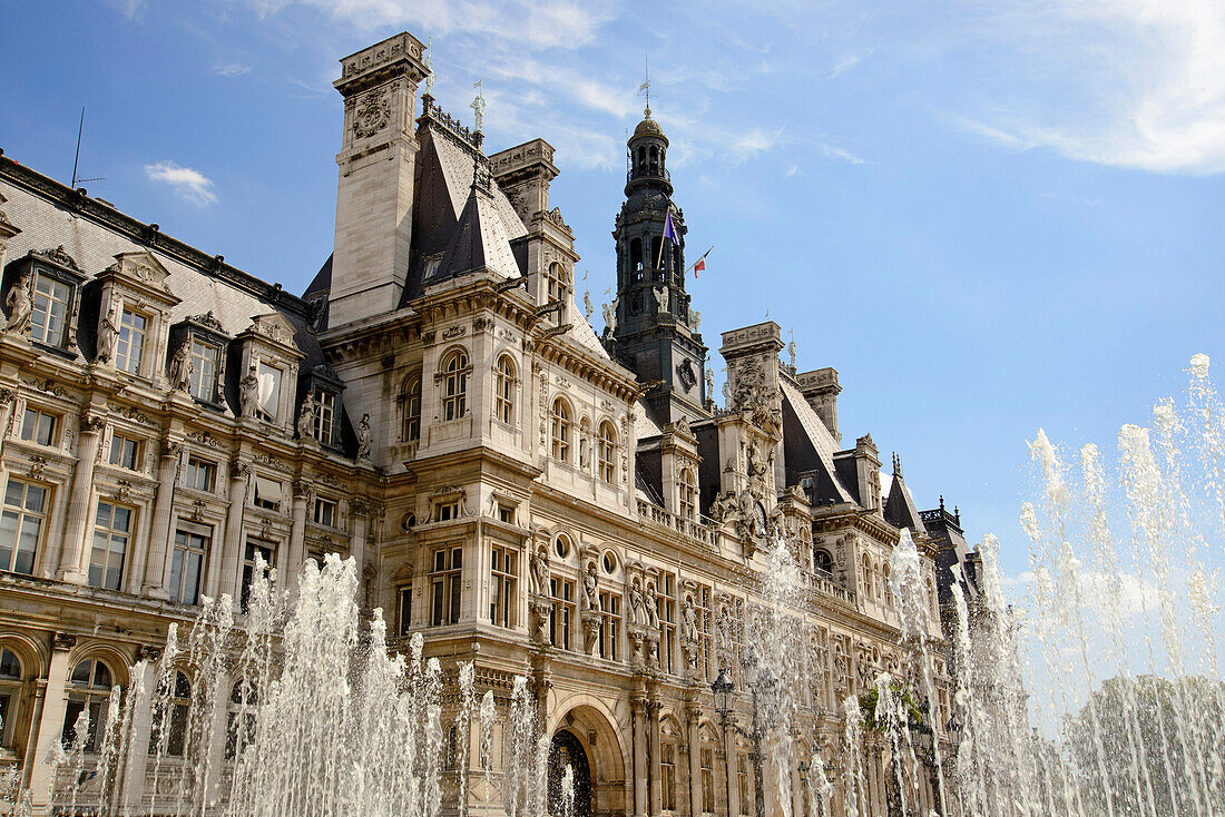 Town hall with fountains, Hotel de Ville, Paris, France, Europe