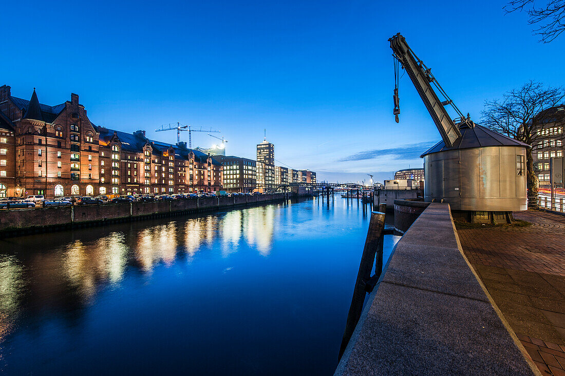 View to Speicherstadt in the evening, Hamburg, Germany