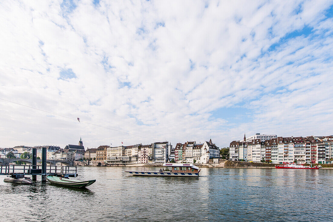 View over river Rhine with boats, Basel, Canton of Basel-Stadt, Switzerland
