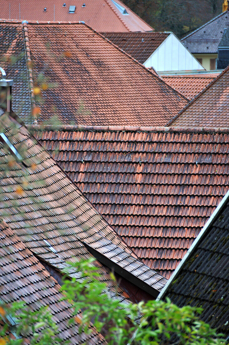 Roofs in the old town of Kaufbeuren, Ostallgaeu, Swabia, Bavaria, Germany