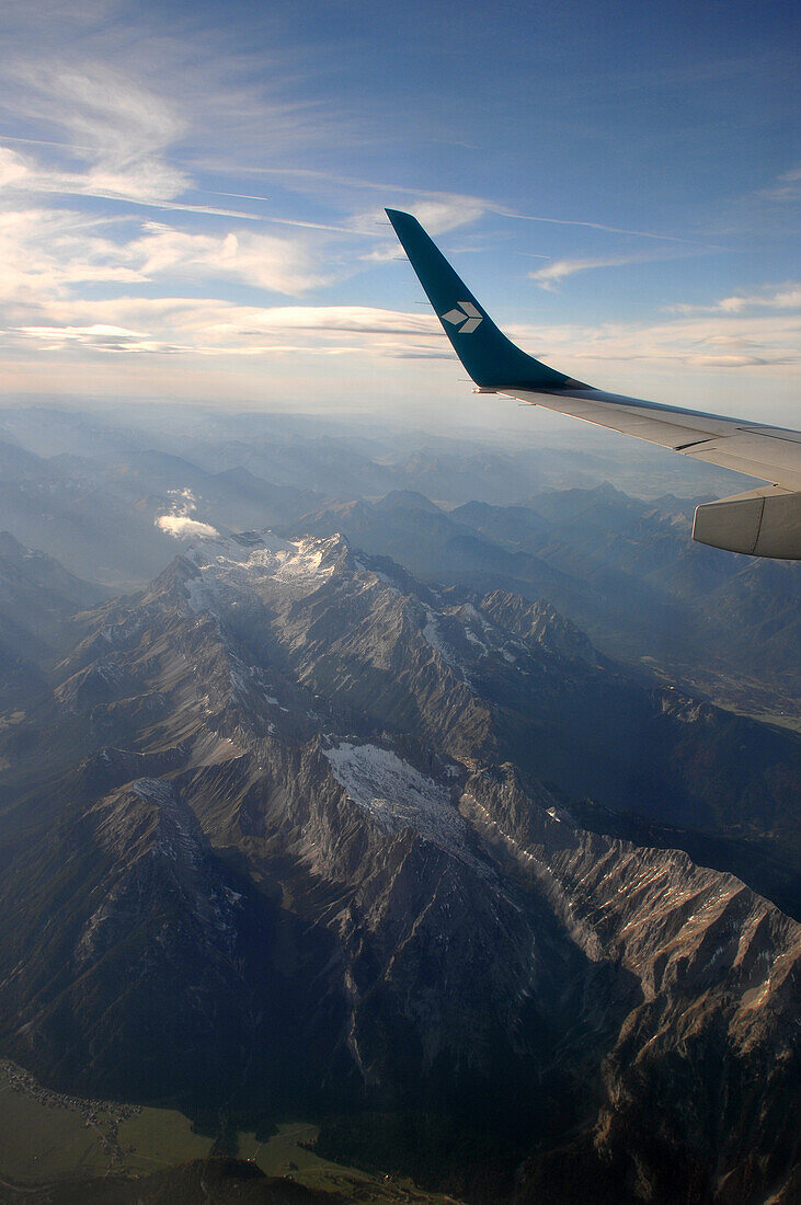 Wetterstein range with Zugspitze seen from an airplane (Air Dolomiti), Upper Bavaria, Bavaria, Germany