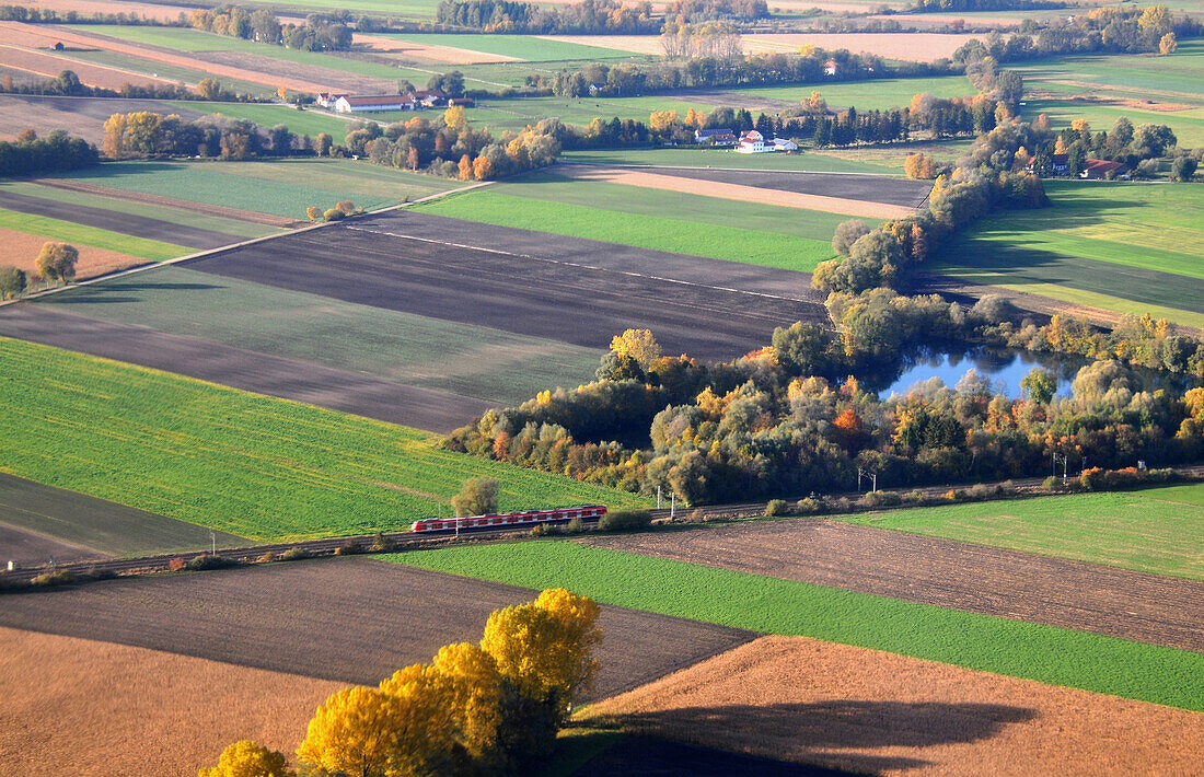 View from an airplane, S-Bahn near the airport, Munich, Bavaria, Germany