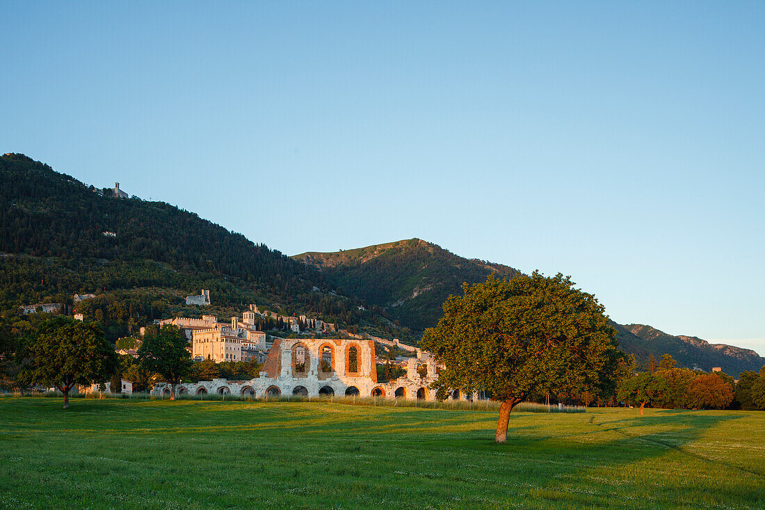 Monte Ingino with teatro Romano, Roman theatre and Palazzo dei Consoli town hall, St. Francis of Assisi, Via Francigena di San Francesco, St. Francis Way, Gubbio, province of Perugia, Umbria, Italy, Europa