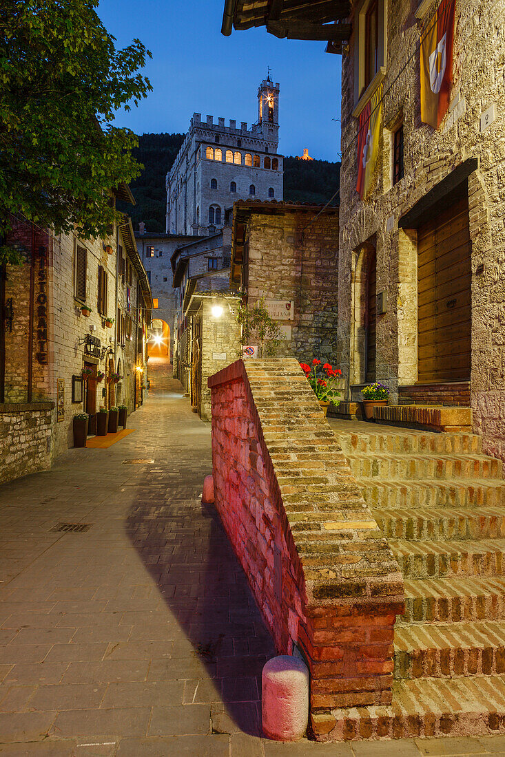 Via A. Piccardi, steps and alley in the old town, Palazzo dei Consoli town hall in the background, historic center of Gubbio, St. Francis of Assisi, Via Francigena di San Francesco, St. Francis Way, Gubbio, province of Perugia, Umbria, Italy, Europa