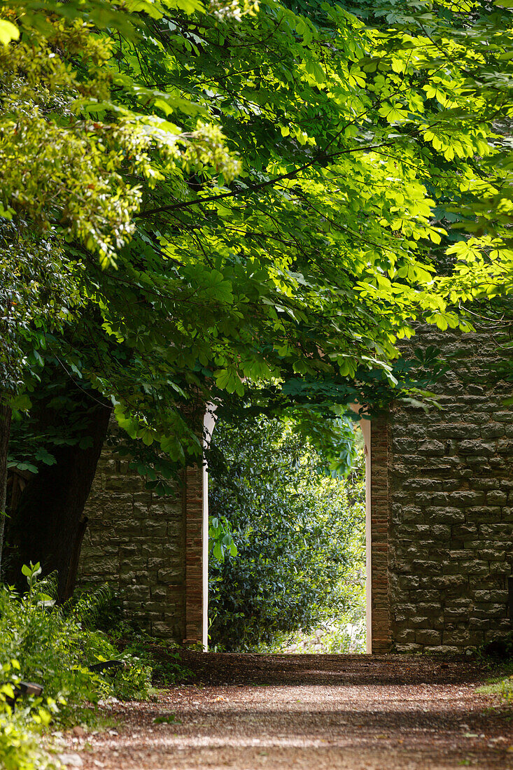 Gate and path in Parco Ranghiasci, St. Francis of Assisi, Via Francigena di San Francesco, St. Francis Way, Gubbio, province of Perugia, Umbria, Italy, Europa