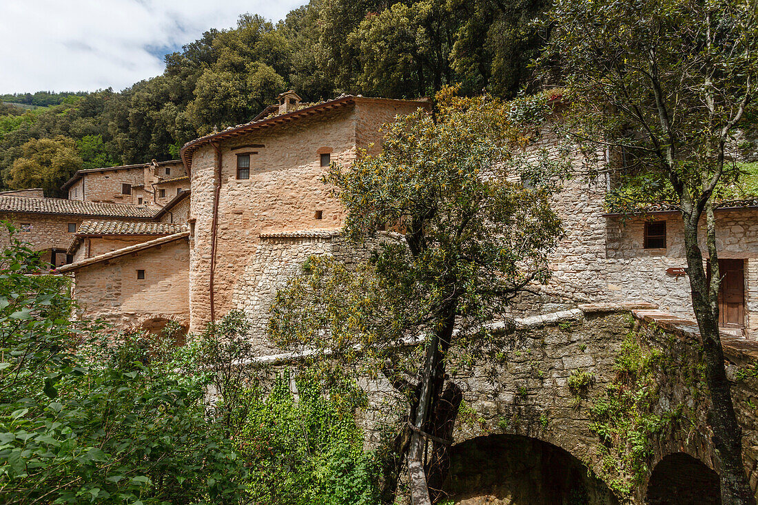 Eremo delle Carceri, Kloster, Einsiedelei, Schlucht mit Wald oberhalb von Assisi, Monte Subasio, Franziskus von Assisi, Via Francigena di San Francesco, Franziskusweg, Provinz Perugia, Umbrien, Italien, Europa