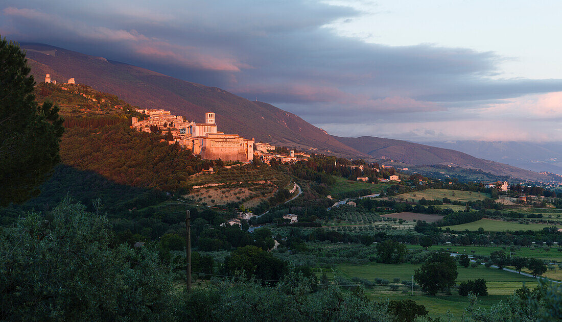 Assisi mit Basilika San Francesco im Abendlicht, UNESCO Weltkulturerbe, Franziskus von Assisi, Via Francigena di San Francesco, Franziskusweg, Assisi, Provinz Perugia, Umbrien, Italien, Europa