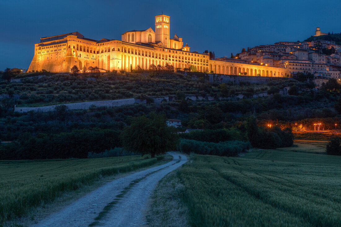 Assisi with Basilica of San Francesco d Assisi in the evening light, UNESCO World Heritage Site, St. Francis of Assisi, Via Francigena di San Francesco, St. Francis Way, Assisi, province of Perugia, Umbria, Italy, Europe