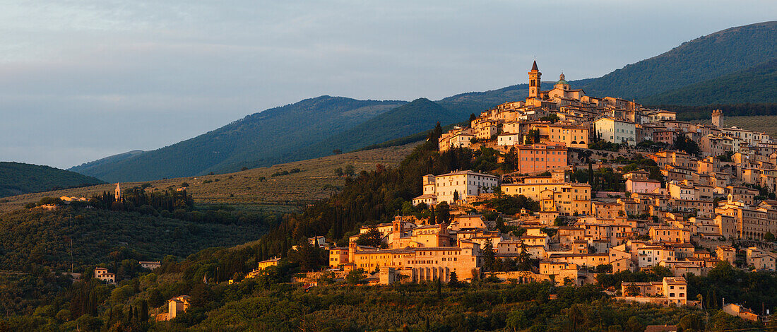 Trevi, Bergstadt an der Flanke des Monte Serano, Berg, Valle Umbra, Franziskus von Assisi, Via Francigena di San Francesco, Franziskusweg, Trevi, Provinz Perugia, Umbrien, Italien, Europa