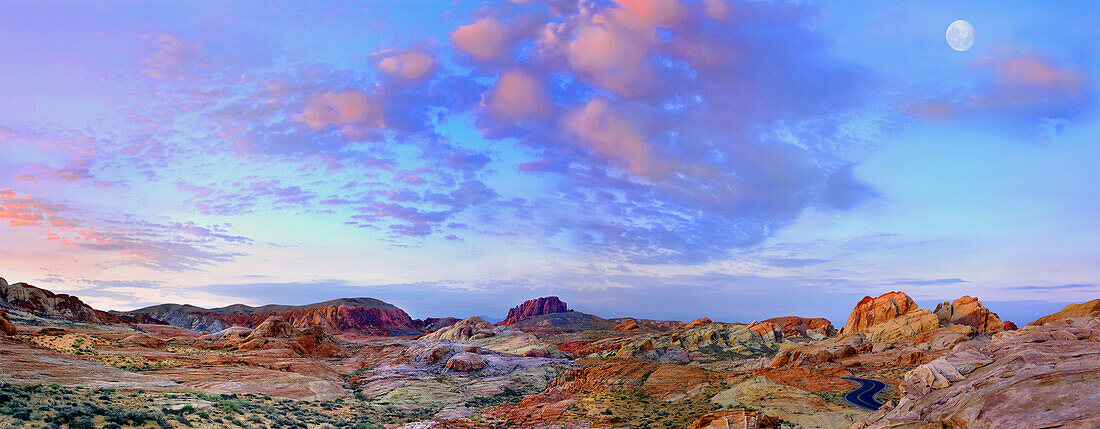 Panoramic of moon over sandstone formations, Valley of Fire State Park, Mojave Desert, Nevada