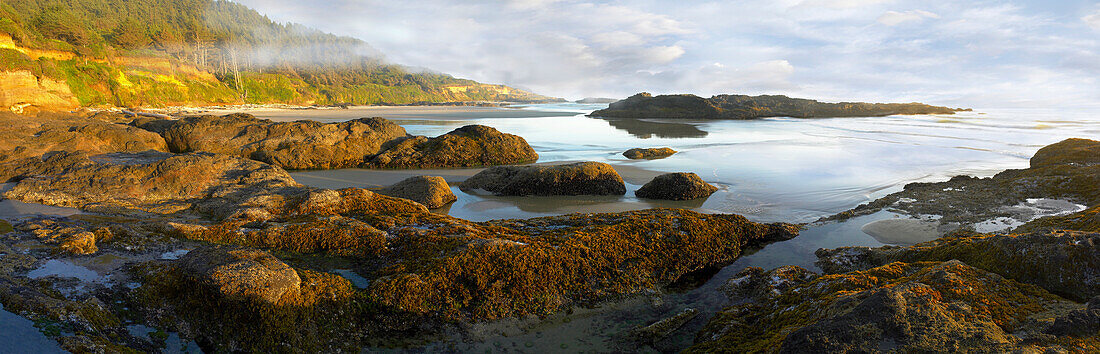 Panorama of Neptune Beach with exposed tide pools at low tide, Oregon