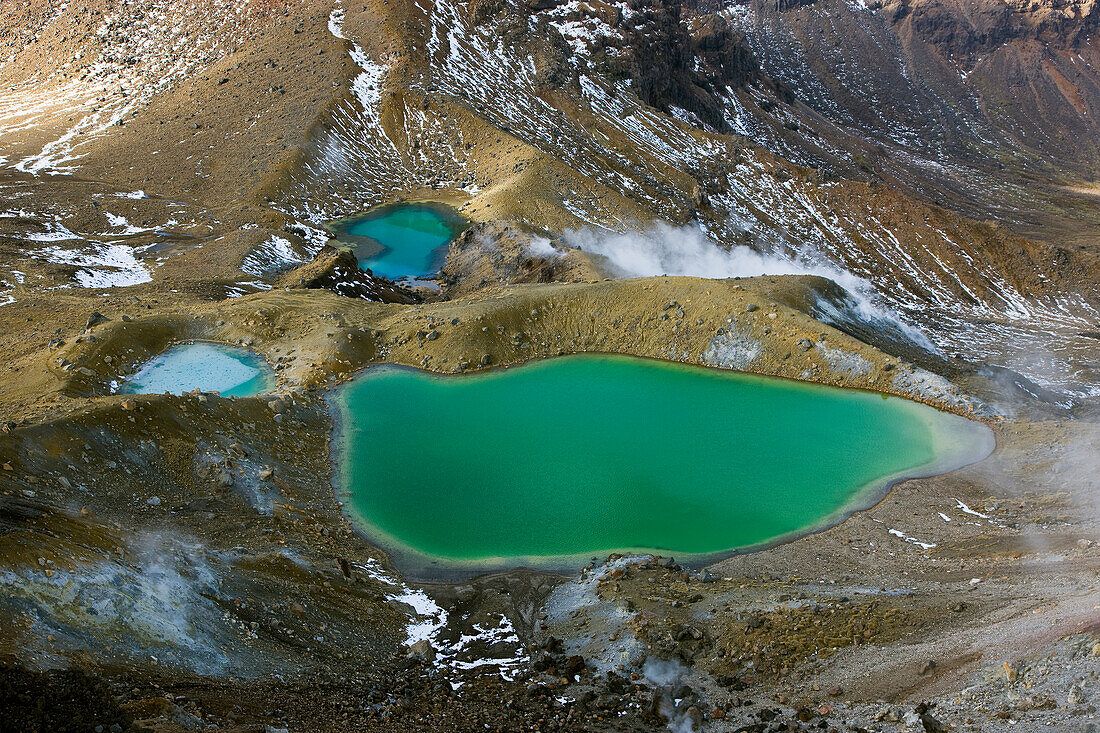 Emerald Lakes seen from above filling old volcanic explosion pits, Tongariro National Park, New Zealand