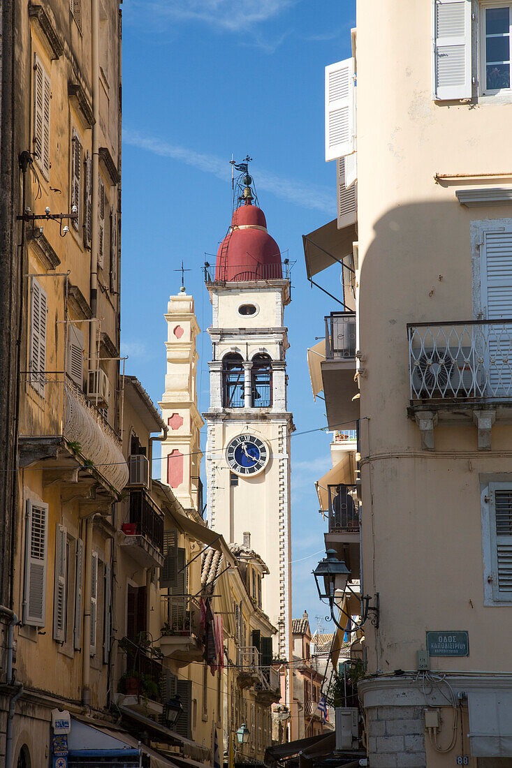 The bell tower of the church of St. Spyridon in the old town, Kerkyra, Corfu Town, Corfu, Ionian Islands, Greece