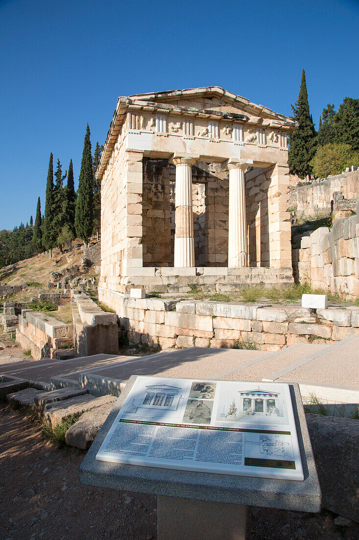 The Treasury of the Athenians in the Sanctuary of Apollo at 4th century B.C. Delphi ruins, Delphi, Peloponnese, Central Greece, Greece