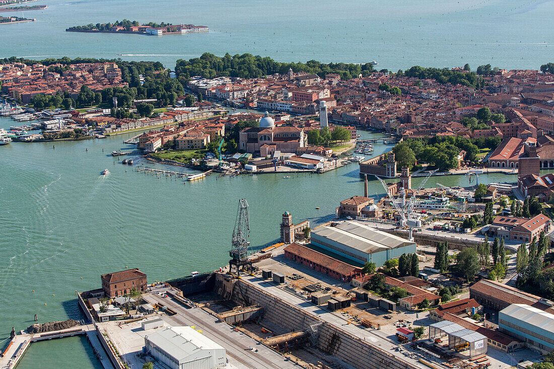 Aerial view of the Venetian Arsenal with shipyards, armories and docks, Isola San Pietro and San Elena in the background, Navy, Venice, Veneto, Italy