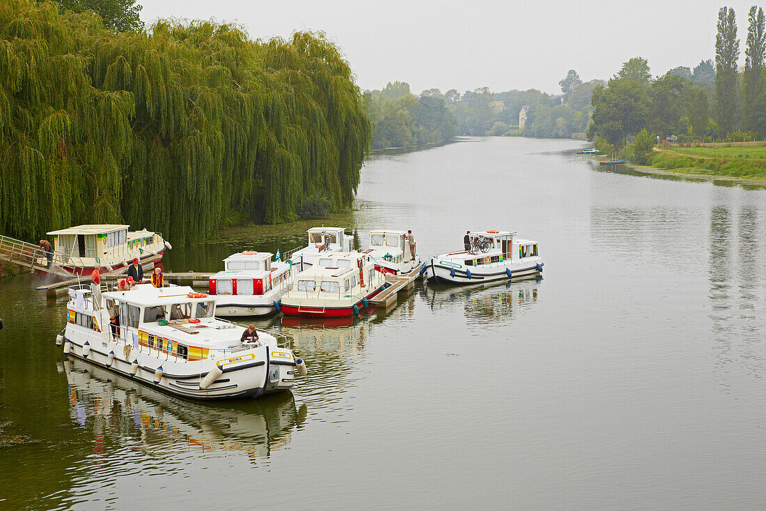 Houseboats on the river Sarthe, Harbour of Chateauneuf-sur-Sarthe, Dept. Maine-et-Loire, Region Pays de la Loire, France, Europe