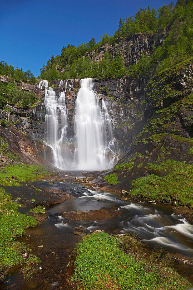 Skjervefossen waterfall near Voss, RV 13, Province of Hordaland, Vestlandet, Norway, Europe