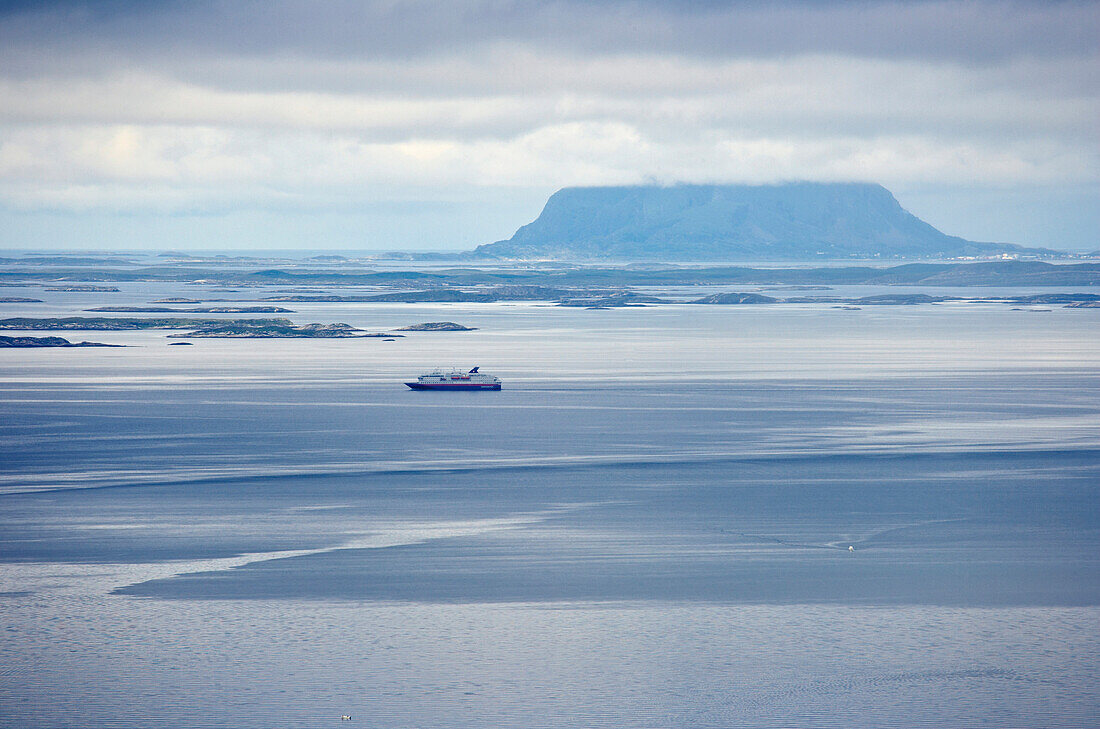 View from the Sjonfellet across the fjord, Sjonafjord and the rocky isle of Lovunden, Province of Nordland, Nordland, Norway, Europe