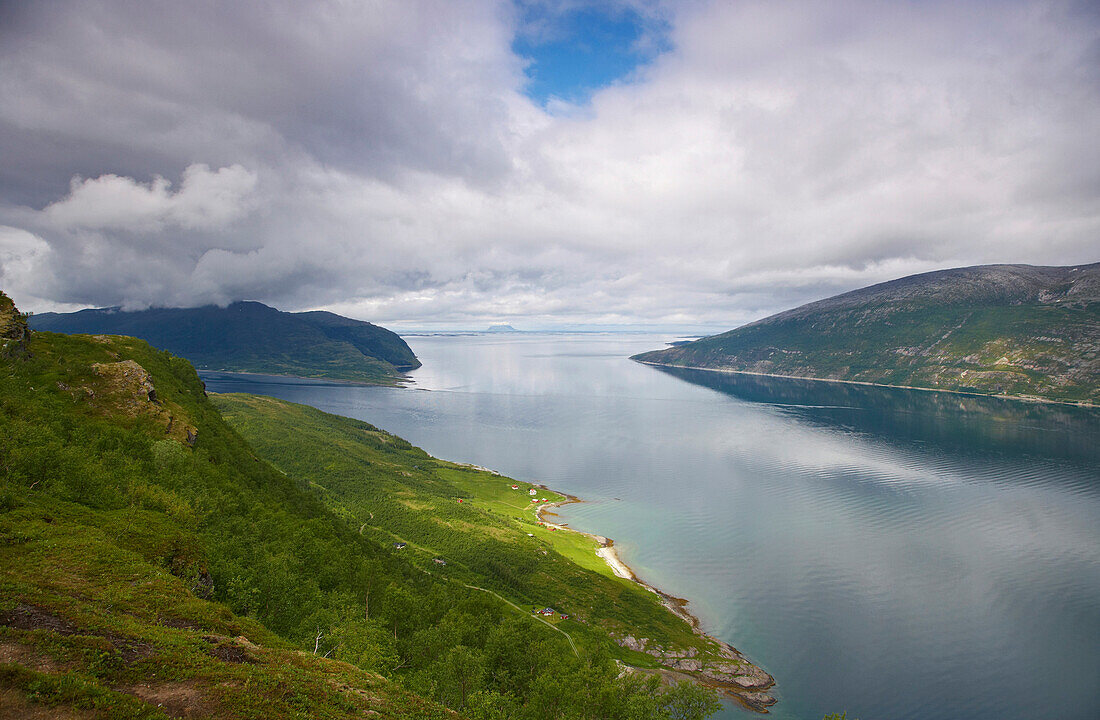 View from the Sjonfellet towards the fjord, Sjonafjord and the rocky isle of Lovunden, Province of Nordland, Nordland, Norway, Europe