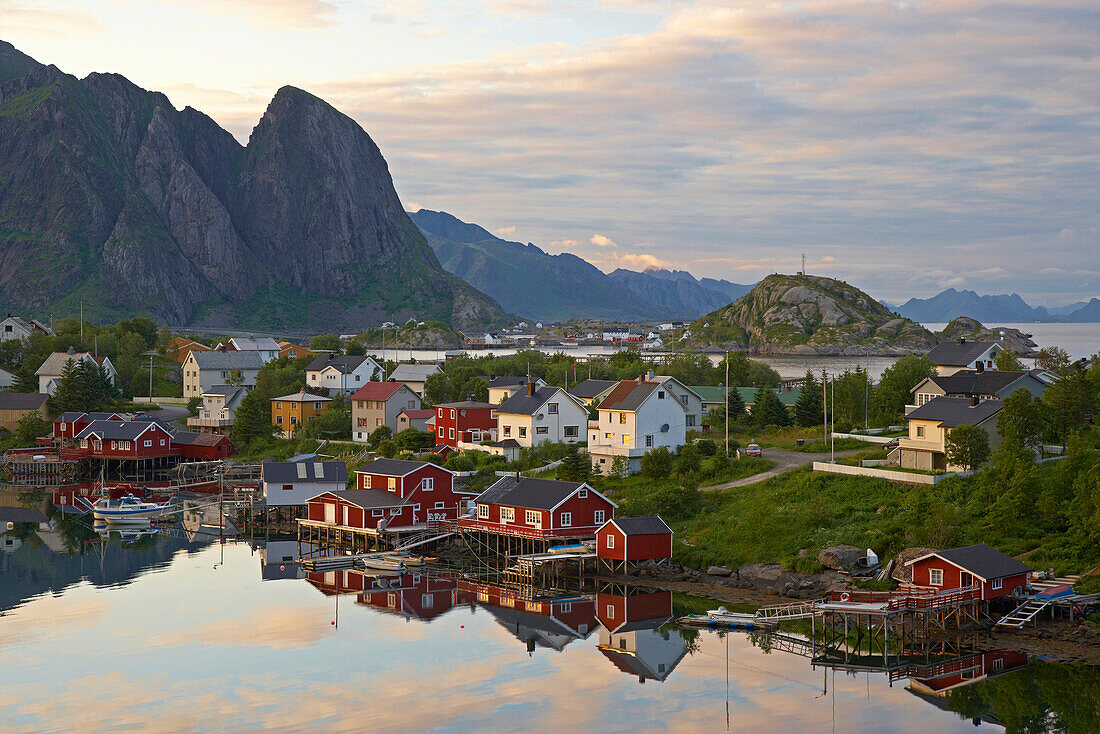 View of the fishing village of Reine in the evening light, Lofoten, Isle of Moskenes, Province of Nordland, Nordland, Norway, Europe