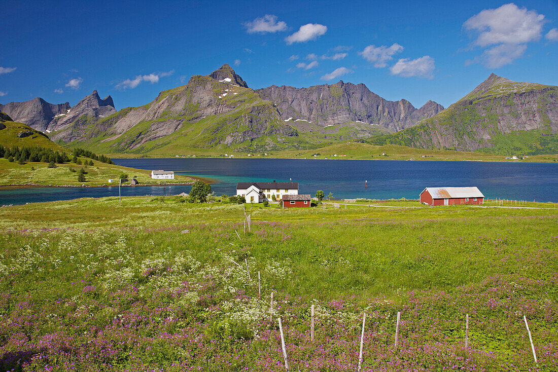 Holzhaus, Andopsnes am, Selfjord, Lofoteninsel Moskenes, Lofoten, Provinz Nordland, Nordland, Norwegen, Europa
