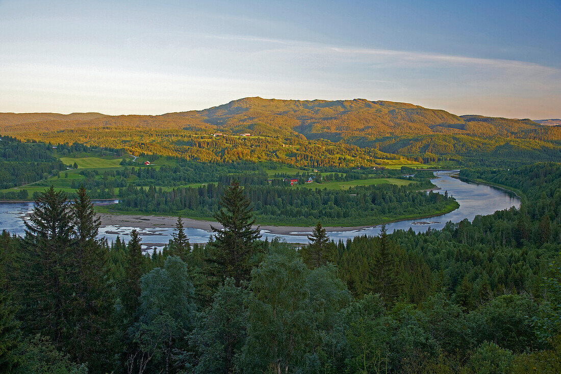 View over forest and the river Namsen near Elstad, E6, Province of Nord-Troendelag, Nordland, Norway, Europe