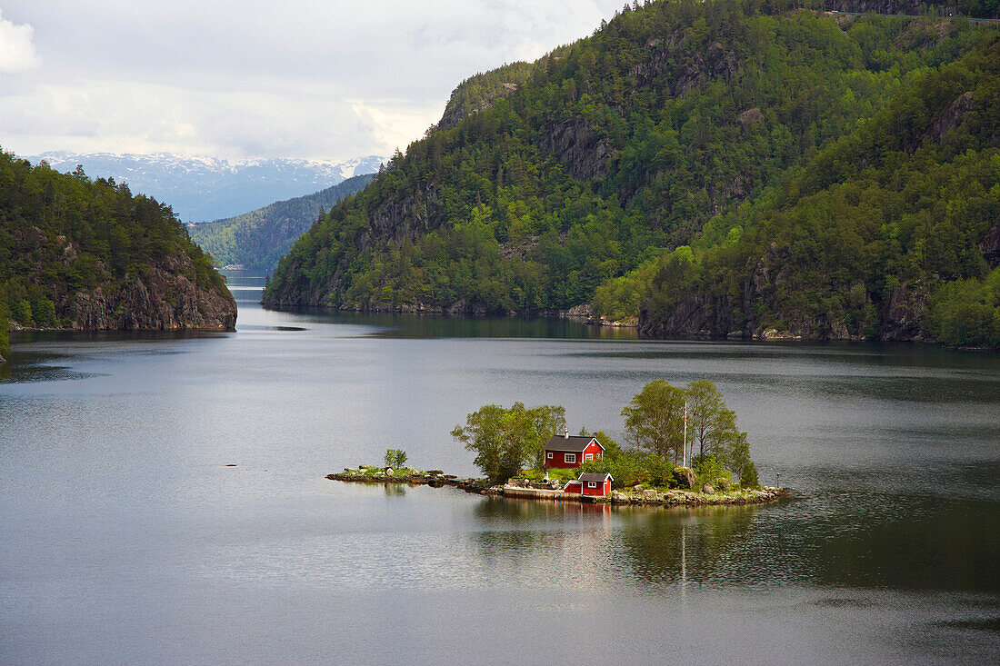 Island with red house at Lovrafjord near Sand at RV 13, Province of Rogaland, Vestlandet, Norway, Europe