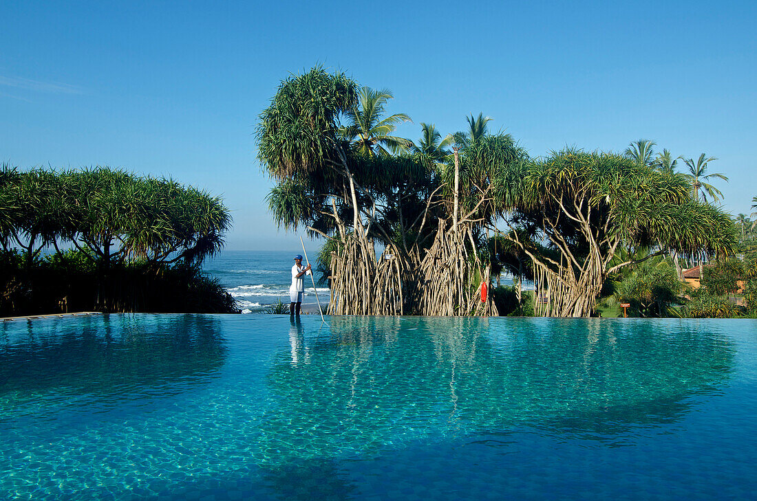 Infinity-Pool vor Yuccapalmen mit Reinigungskraft und Blick zum Meer, Hotel Jetwing Lighthouse, Südwestküste, Sri Lanka