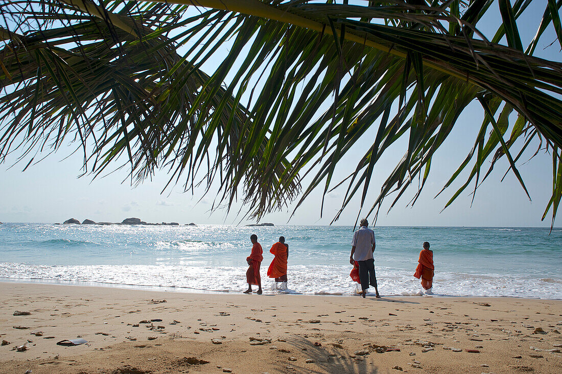 Blick unter Palmwedeln hindurch zum Strand, buddhistische Mönche,  Novizen am Meer, Hikkaduwa, Südwestküste, Sri Lanka
