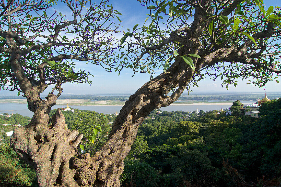 View from Sun U Ponnya Shin Pagoda, Sagaing Hill on the banks of Irrawaddy river, 20km from Mandalay, Myanmar, Burma