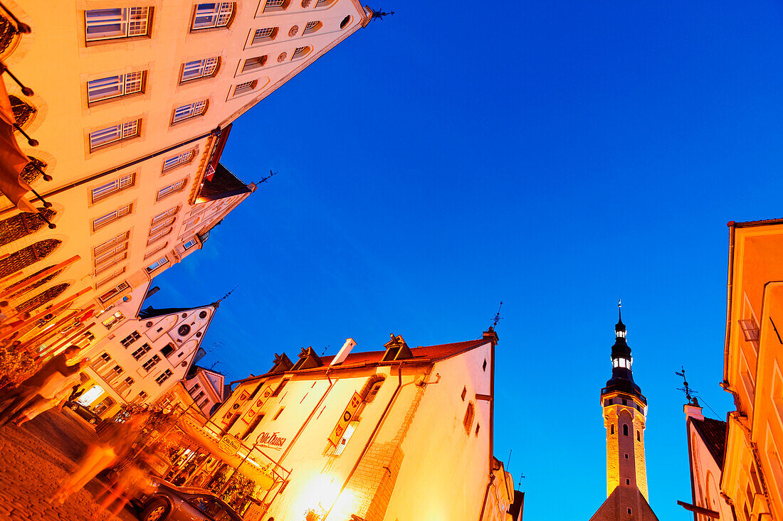 Narrow Viru street with the tower of the town hall in the historic old town of Tallinn, Estonia, Baltic States