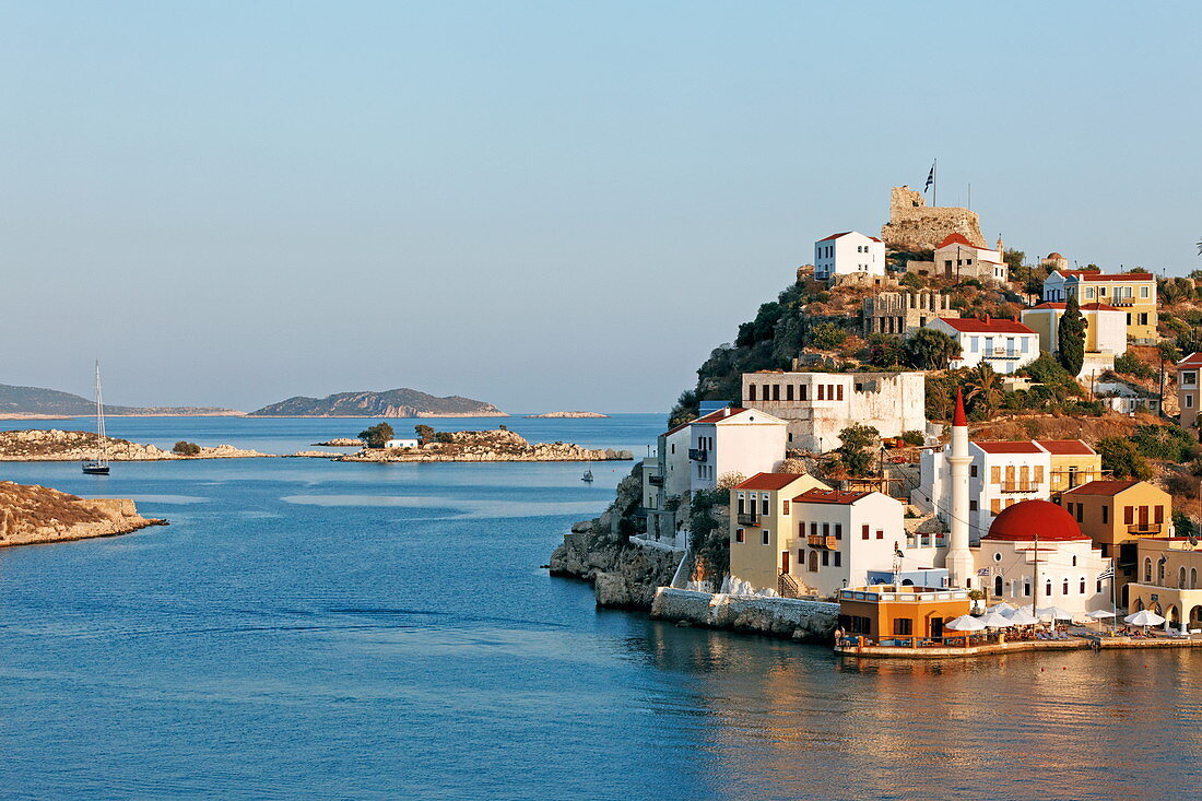 Harbour with view of the town of Kastellorizo, Dodecanese, South Aegean, Greece