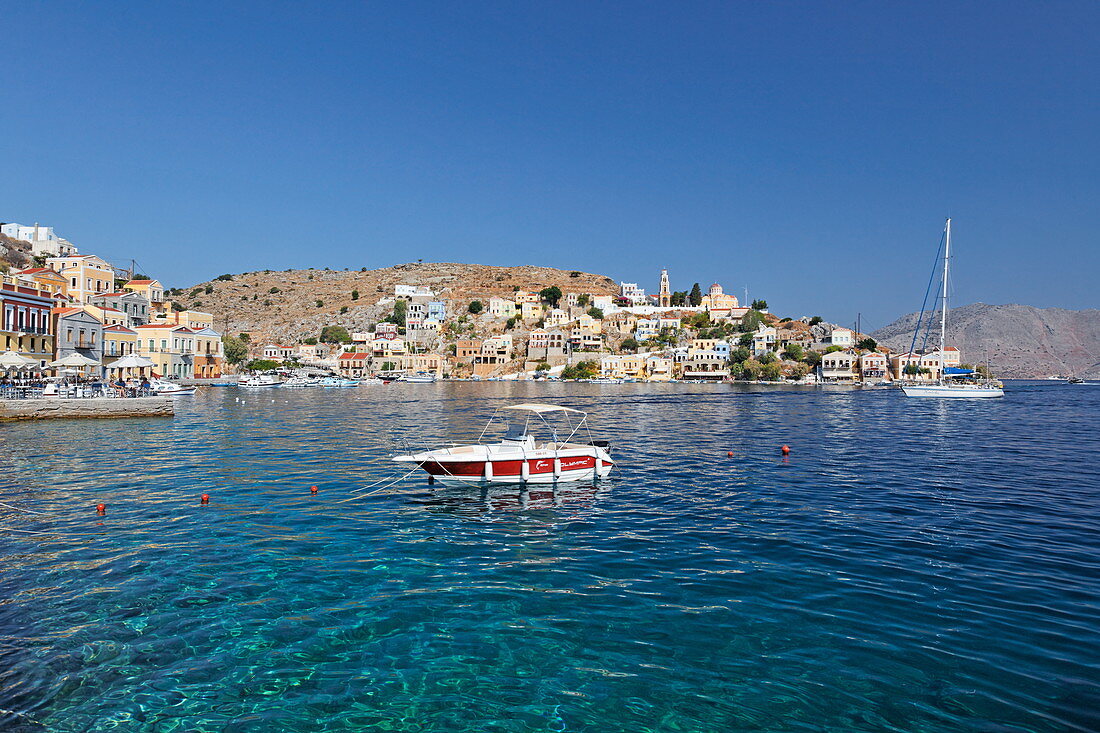 Bay and the quarter of Angelidi, Symi Town, Symi, Dodecanese, South Aegean, Greece