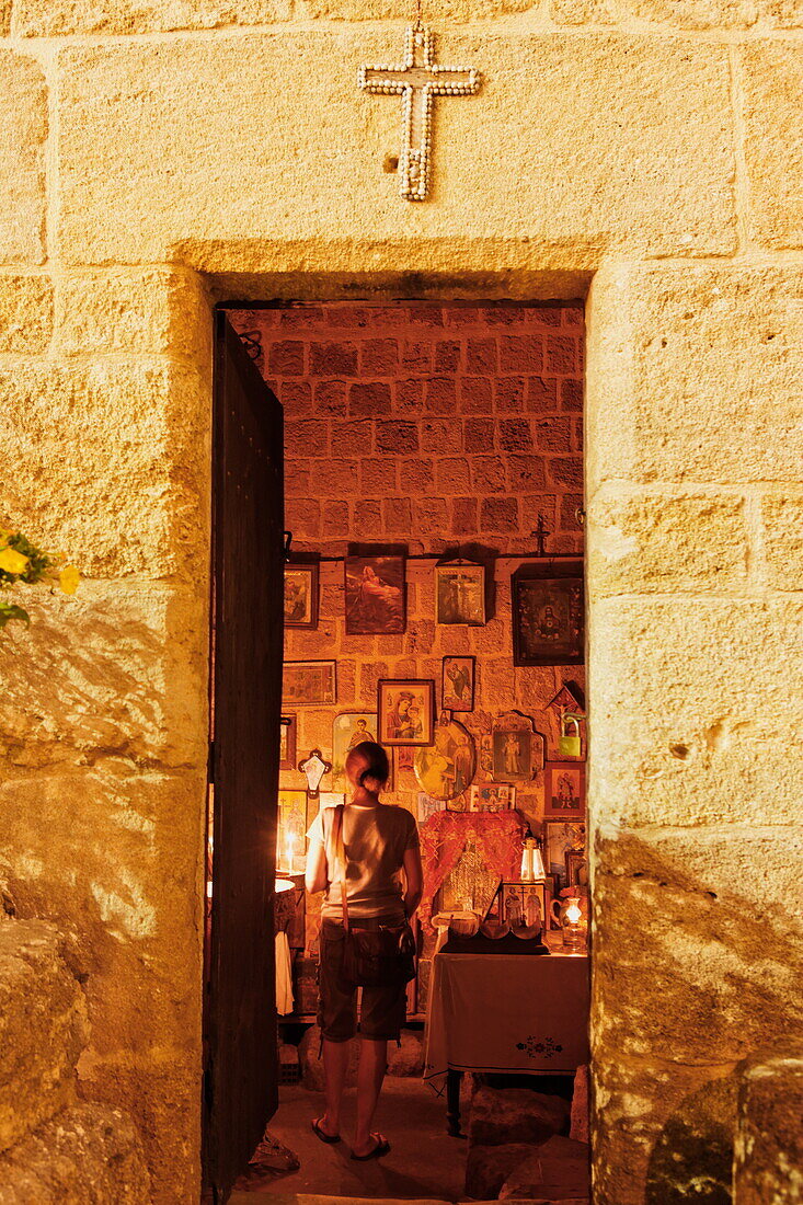 Old orthodox church in Menekleous street in the old town of Rhodes, Dodecanese, South Aegean, Greece