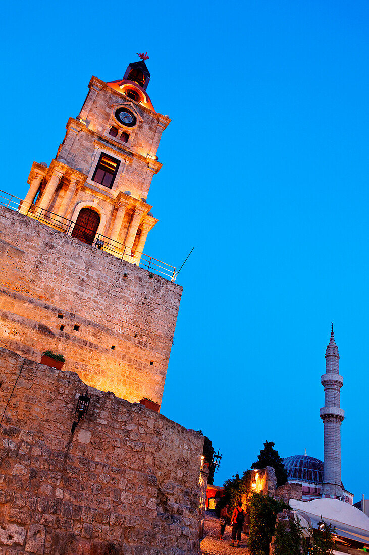 Byzantine clock tower in the old town of Rhodes town, Rhodes, Dodecanese, South Aegean, Greece