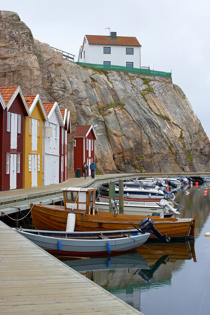 Boats and boat houses in the port of Smoegen, Sotenas Peninsula, Province of Bohuslaen, West coast, Sweden, Europe