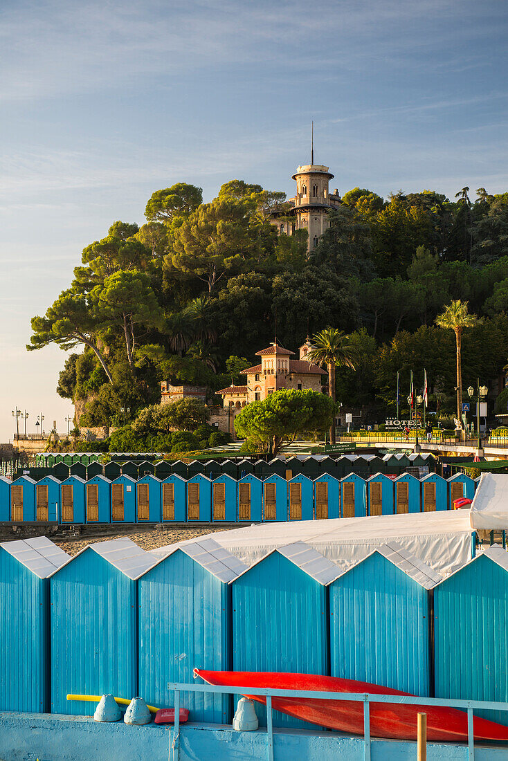 Beach huts on the beach, Lido, Santa Margherita Ligure, province of Genua, Italian Riviera, Liguria, Italy