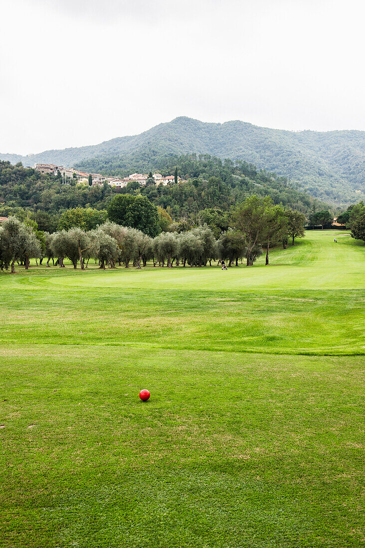 Golfball mitten auf dem Golfplatz, Garlenda, Provinz Savona, Riviera di Levante, Ligurien, Italien