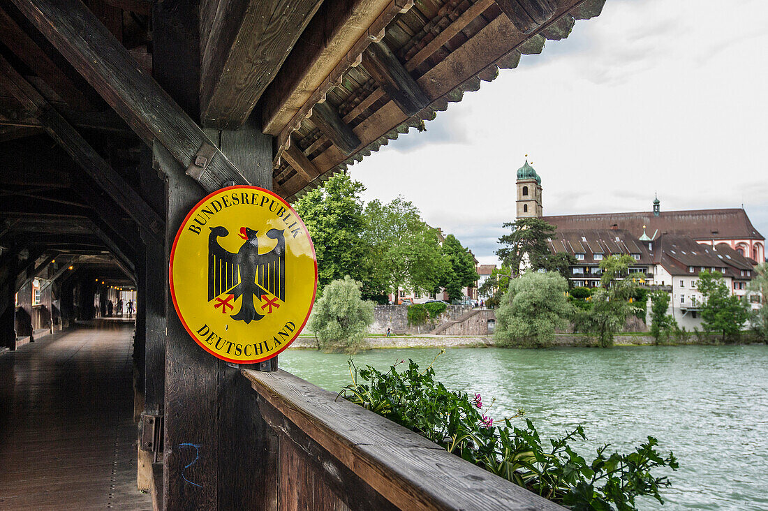 Wooden bridge and German border sign, Bad Saeckingen, Black Forest, Baden-Wuerttemberg, Germany