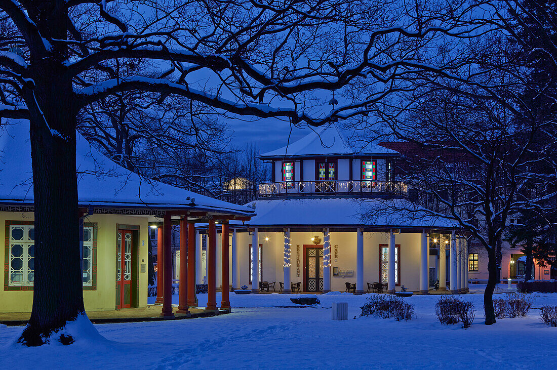 Winter in Kamp, red and white pavilion, Bad Doberan, Mecklenburg-Western Pomerania, Germany