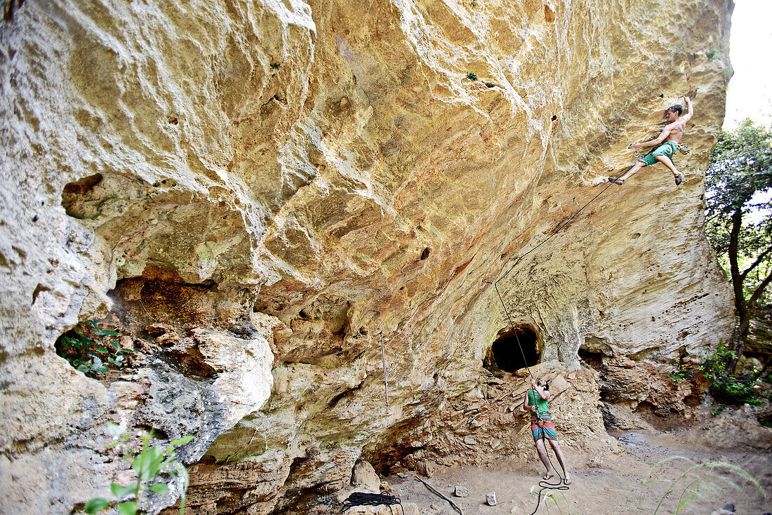 Two climbers at a rock, Finale Ligure, Province of Savona, Liguria, Italy