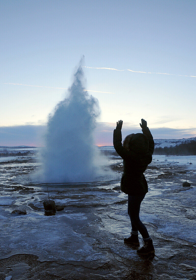 Strokkur geyser, Haukadalur valley, golden circle, Iceland in winter, Iceland