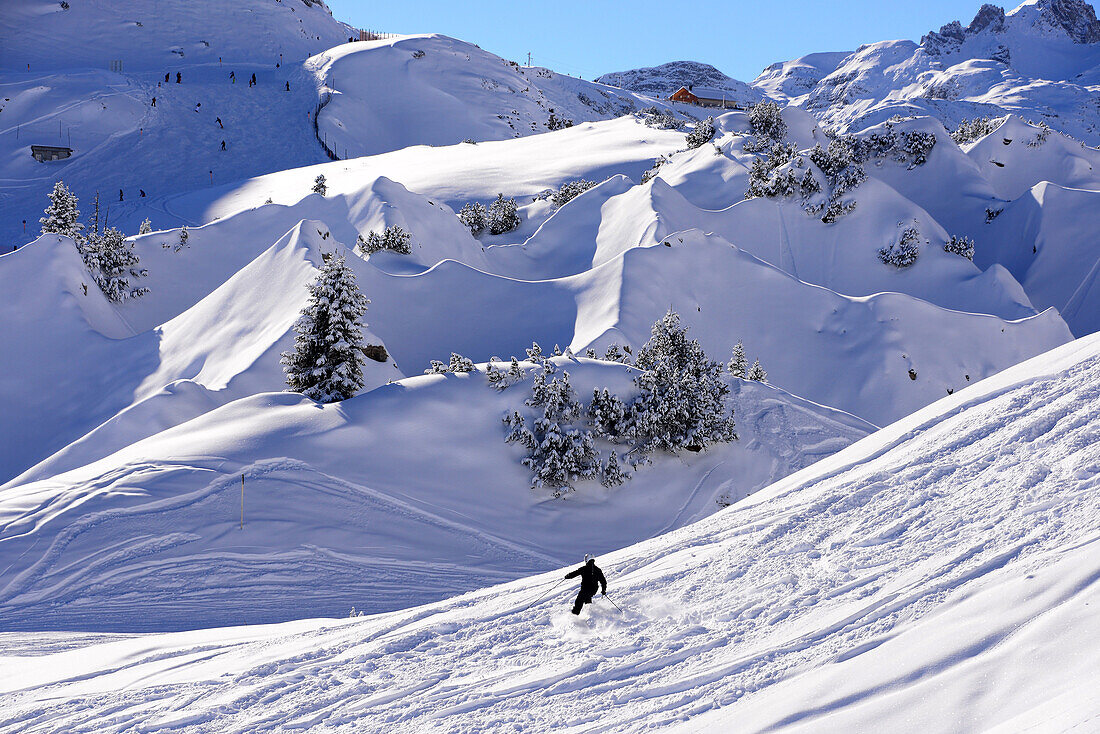 Person beim Skifahren im Skigebiet von Lech am Arlberg, Gipslöcher, Winter in Vorarlberg, Österreich