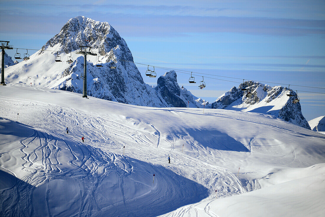 Skiing area of Warth at Arlberg, Winter in Vorarlberg, Austria