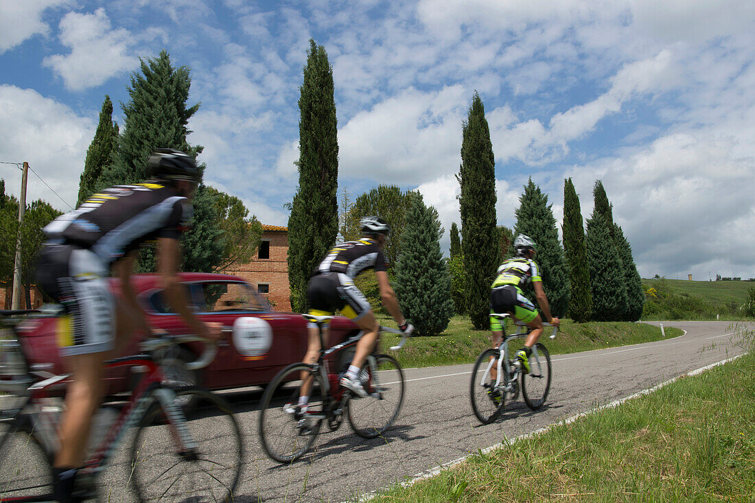 Radfahrer in der Toskana, bei San Quirico d'Orcia, Toskana, Italien, Europa