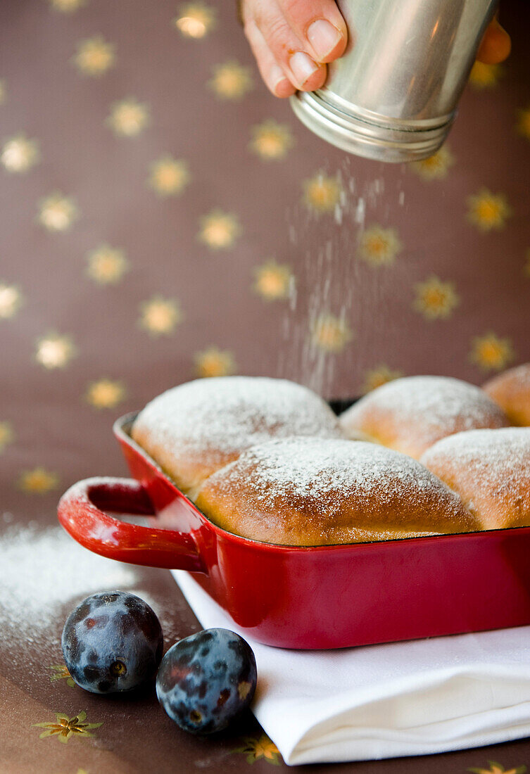 Buchteln with powdered sugar